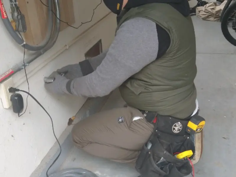 Electrician performing outlet wiring in a Duanesburg garage